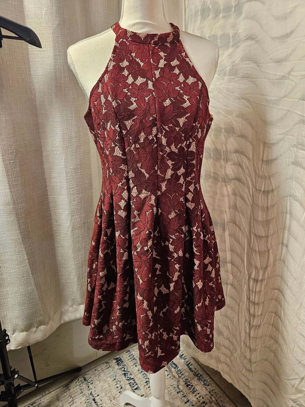 Altar'd State Halter Lace Mini Dress Size L Burgundy Floral